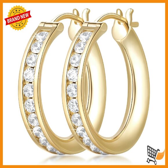 14K Gold Plated Hoop Earrings 20mm with Cubic Zirconia Hypoallergenic